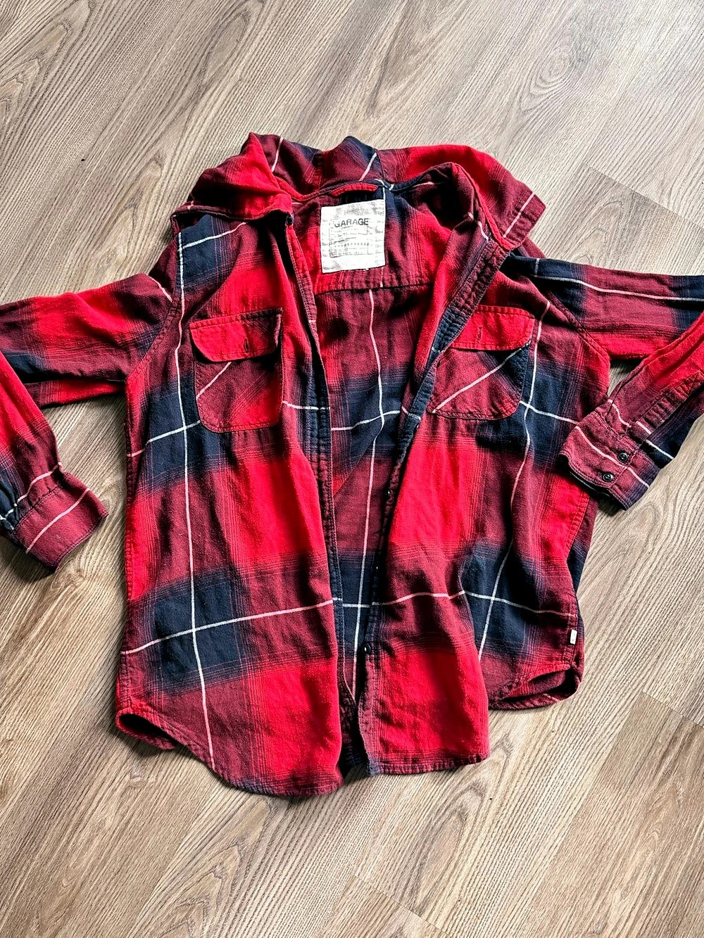 Garage Boyfriend Flannel Hoodie Plaid Shirt Red & Blue Girls Large